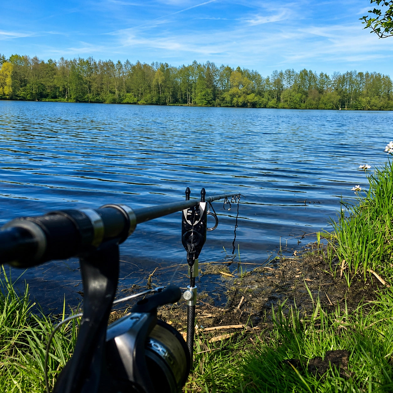 Grand lac en session, configuration typique des plans d'eau de plusieurs centaines d'hectares pour la pêche à la carpe