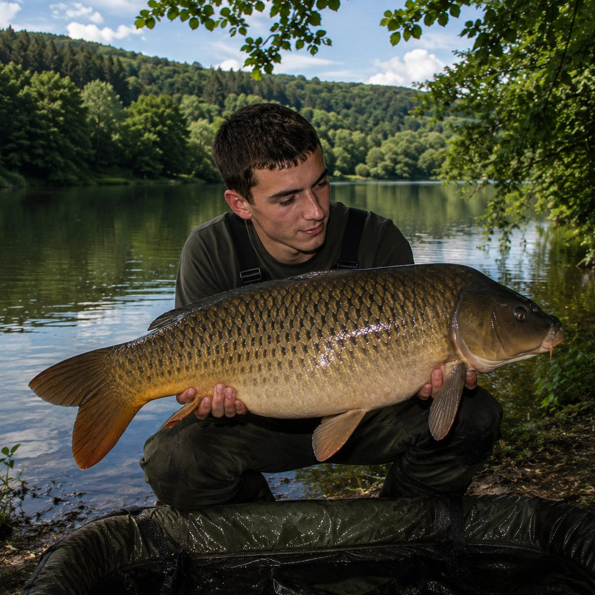 Carpiste avec une grosse carpe commune au bord d'un lac ardennais
