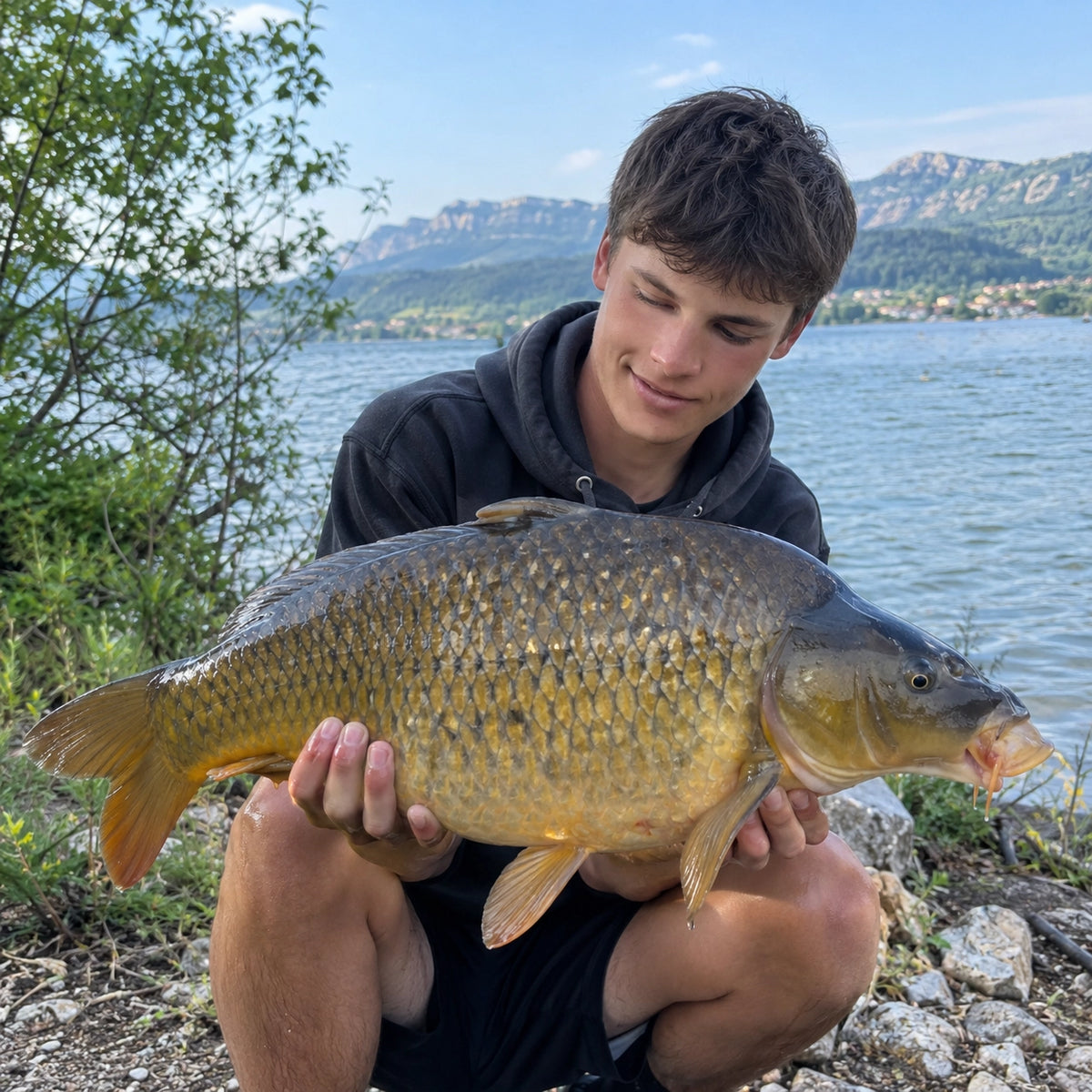 Jeune pêcheur présentant une carpe commune de belle taille au bord d'un lac, plateau rocheux en arrière-plan