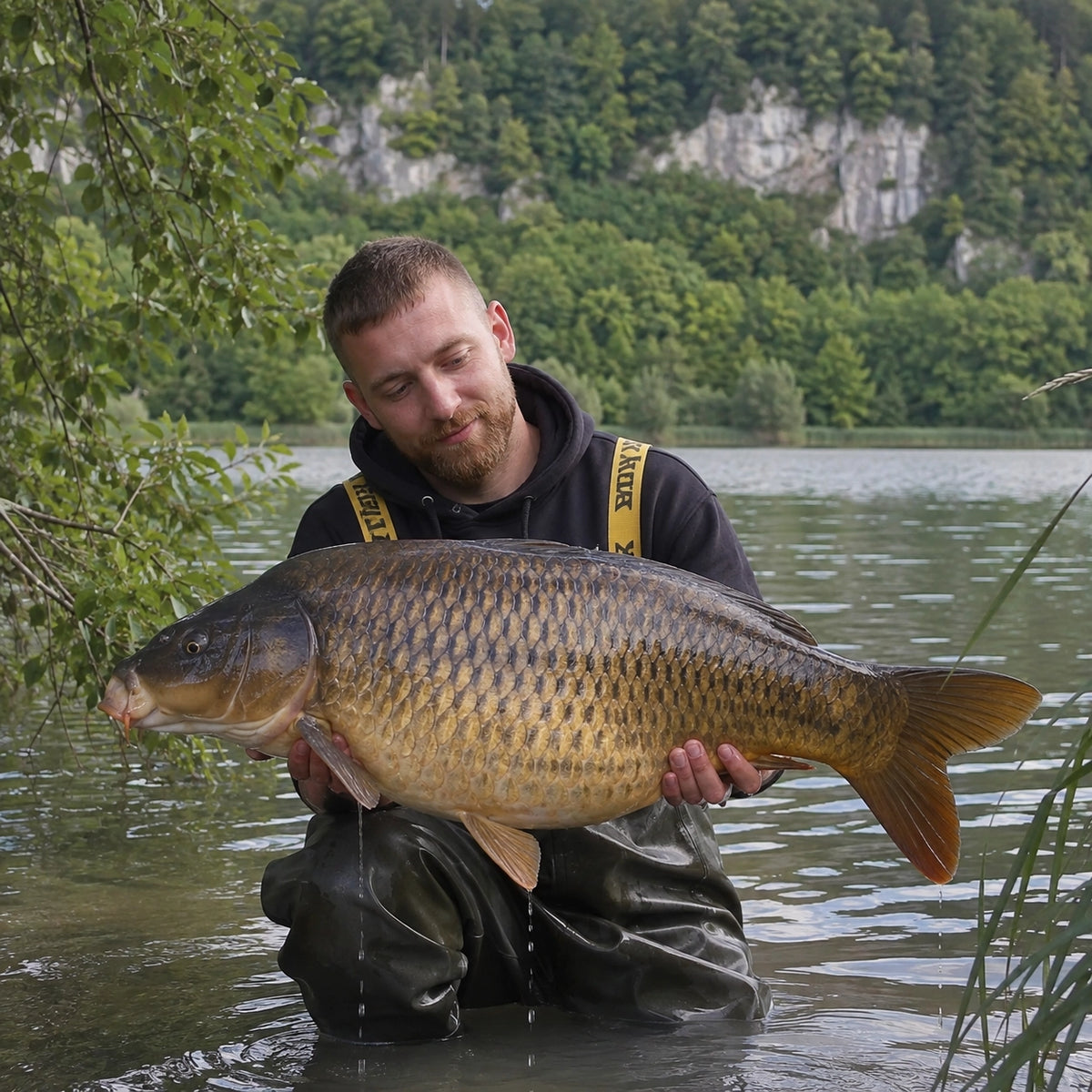 Carpiste dans l'eau avec une grosse carpe commune prise dans le Doubs