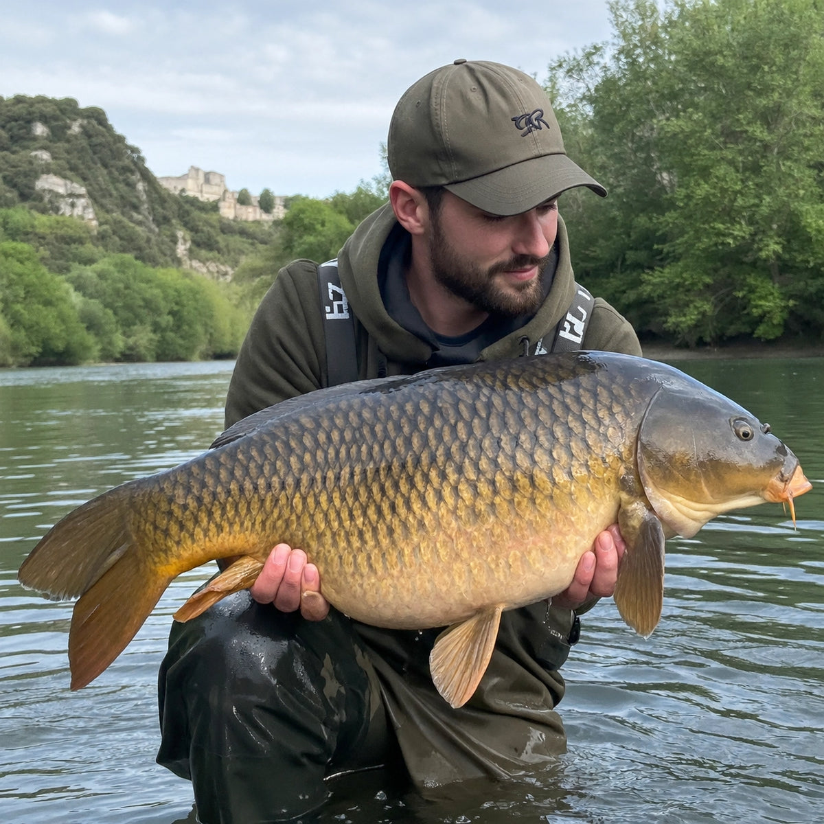 Carpiste dans l'eau avec une grosse carpe commune prise dans le Gard