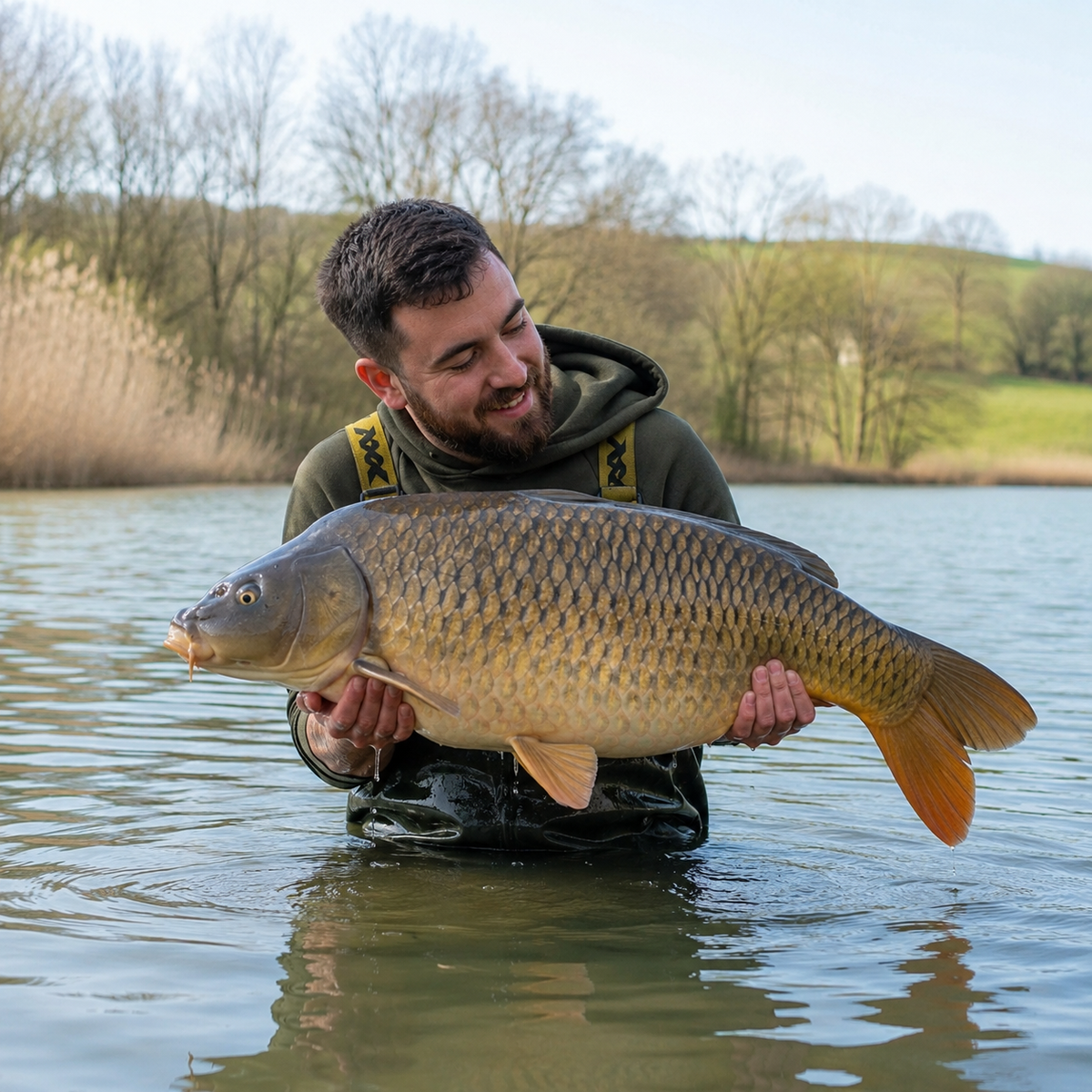 Carpiste posant avec une grosse carpe commune prise sur un lac du Gers