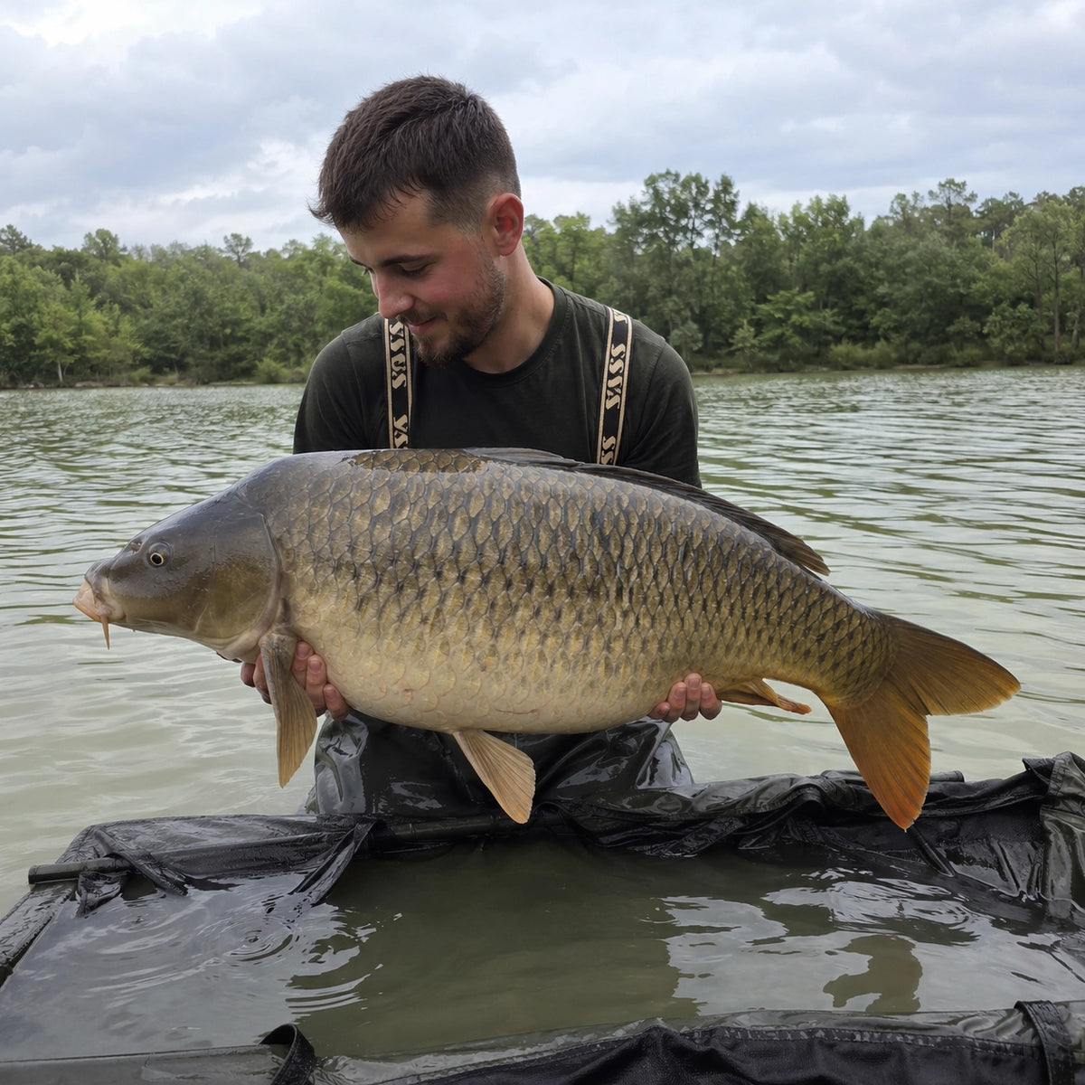 Carpiste dans l'eau avec une grosse carpe commune prise en Gironde