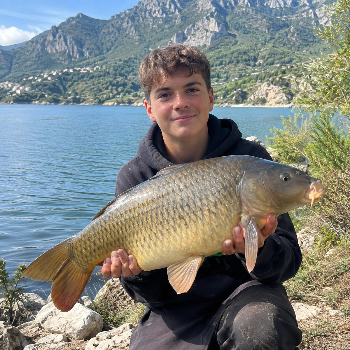 Jeune pêcheur tenant une grosse carpe commune devant un lac cerné de reliefs rocheux et d'habitations