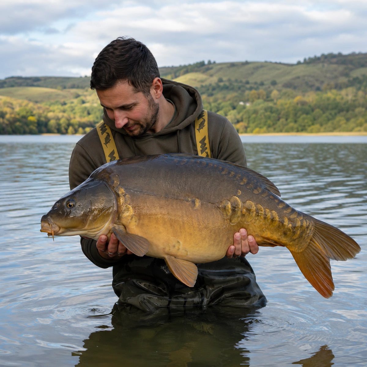 Carpiste avec une grosse carpe miroir au bord d'une retenue du Cantal