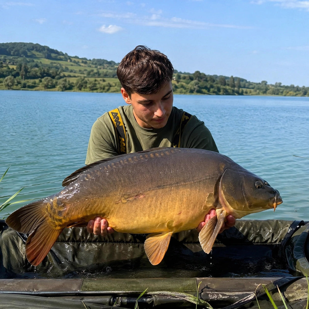 Carpiste avec une grosse carpe miroir au bord du lac de Montbel