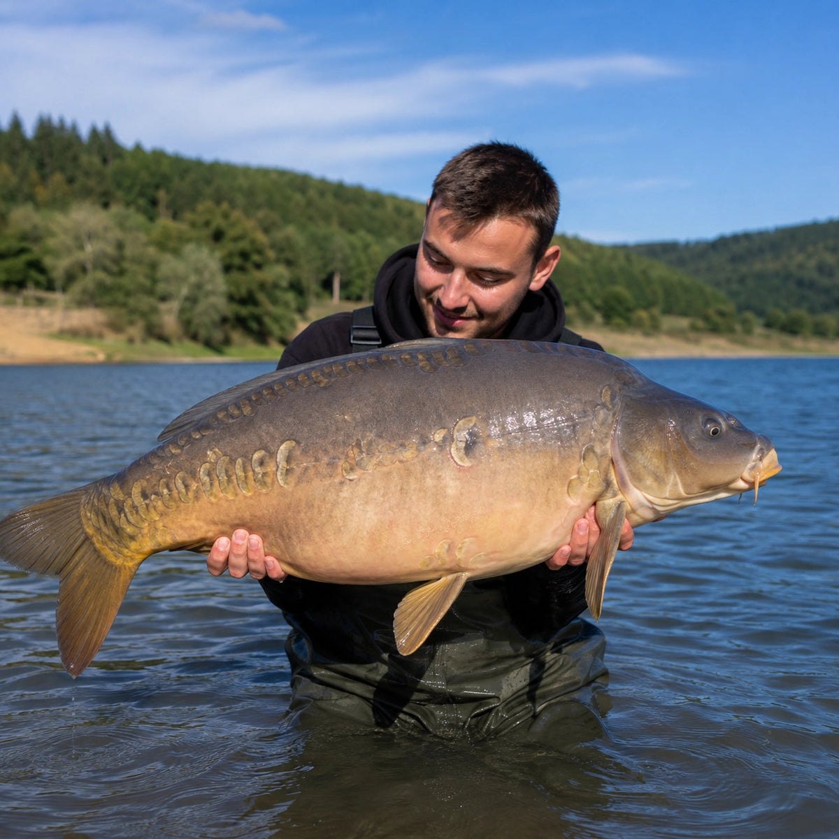 Carpiste avec une grosse carpe miroir au bord du lac de Pareloup