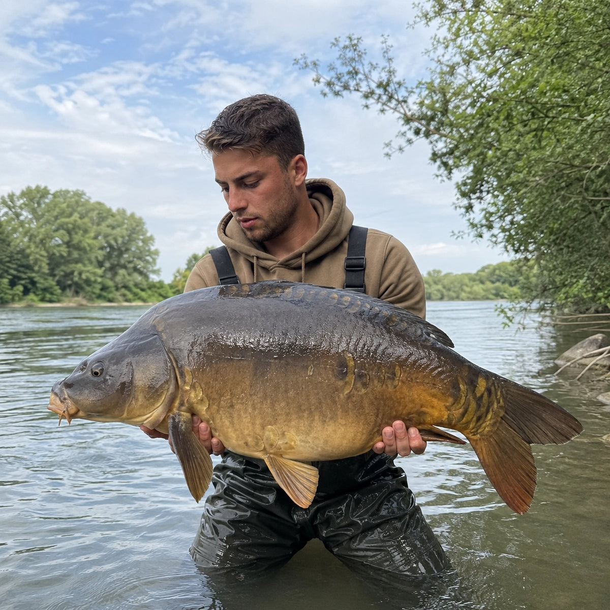 Carpiste avec une grosse carpe miroir au bord du Rhône ardéchois
