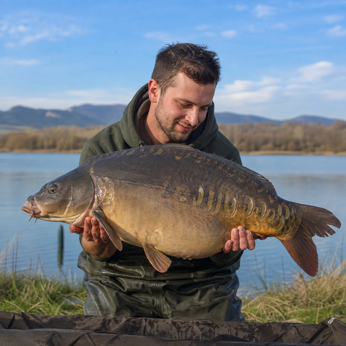 Carpiste posant avec une grosse carpe miroir prise sur le Rhône