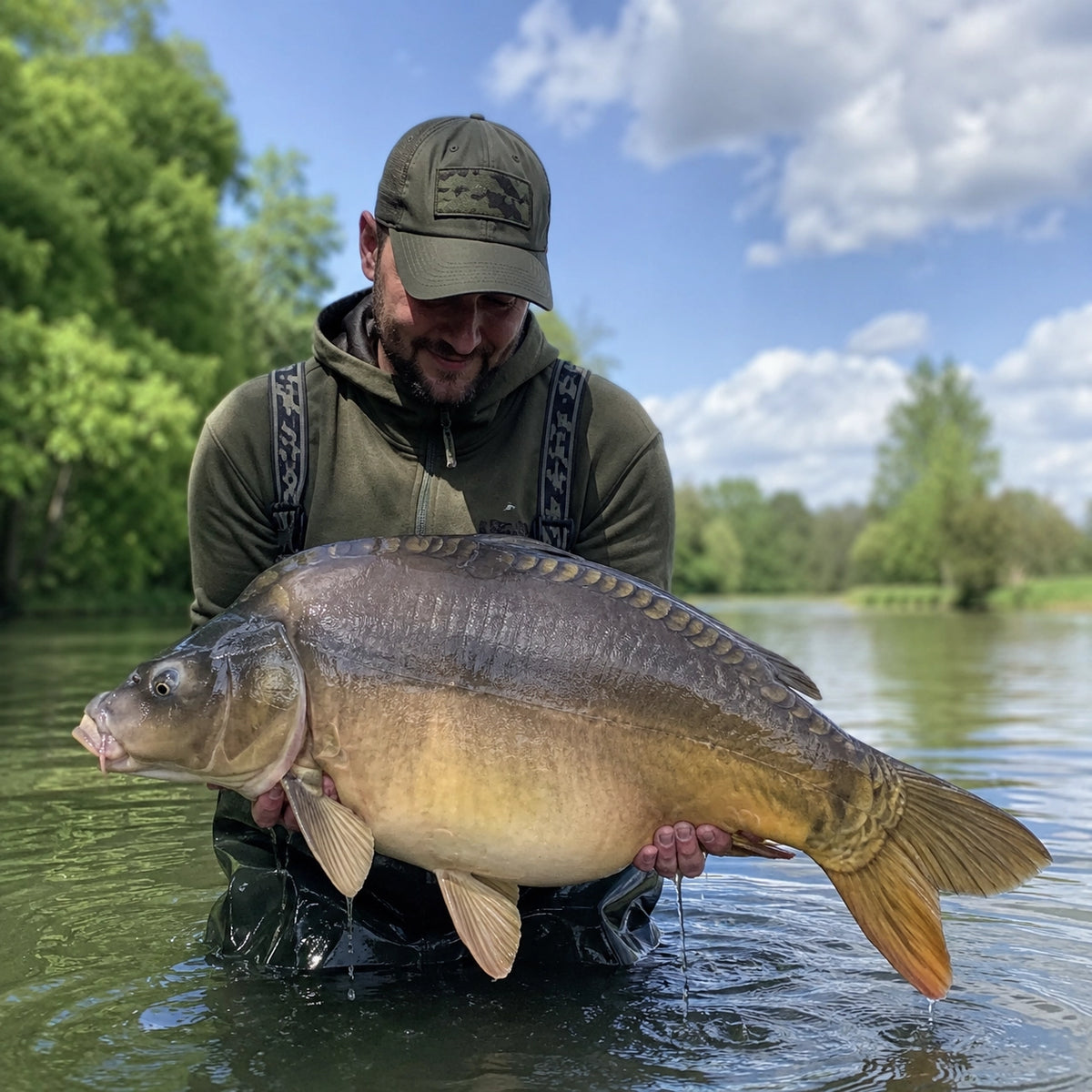 Grosse carpe miroir prise de jour sur un réservoir de l'Auxois en Côte-d'Or