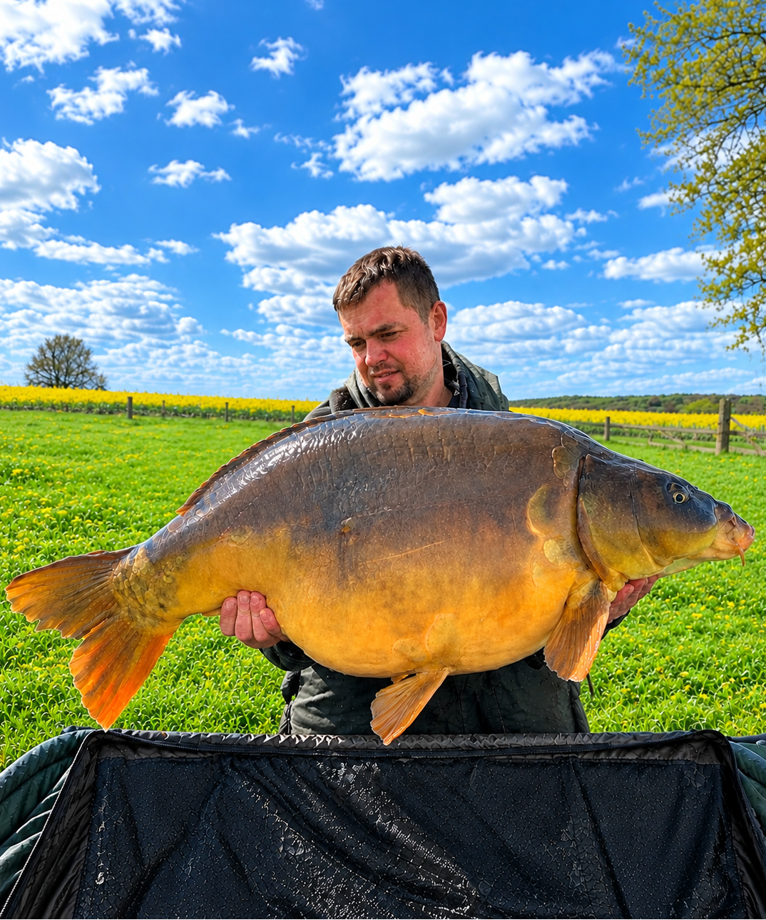 Guillaume Desesquelles avec une grosse carpe capturée avec les appâts Magnifixcarp