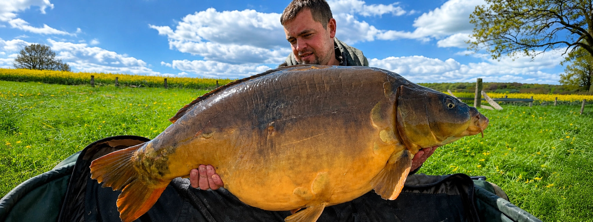 Guillaume Desesquelles avec une grosse carpe capturée avec les appâts Magnifixcarp