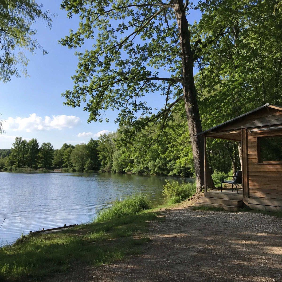 Chalet installé au bord d'un plan d'eau de Dordogne, hébergement dédié aux pêcheurs