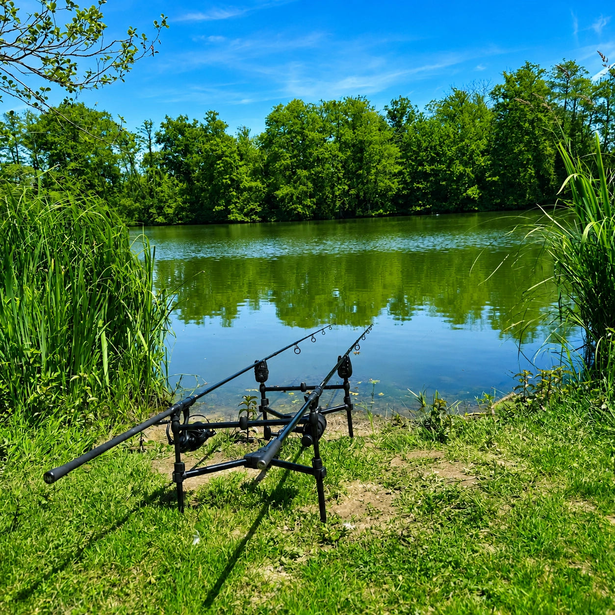 Rod pod et cannes installés au bord de l'étang du Domaine de la Dombes