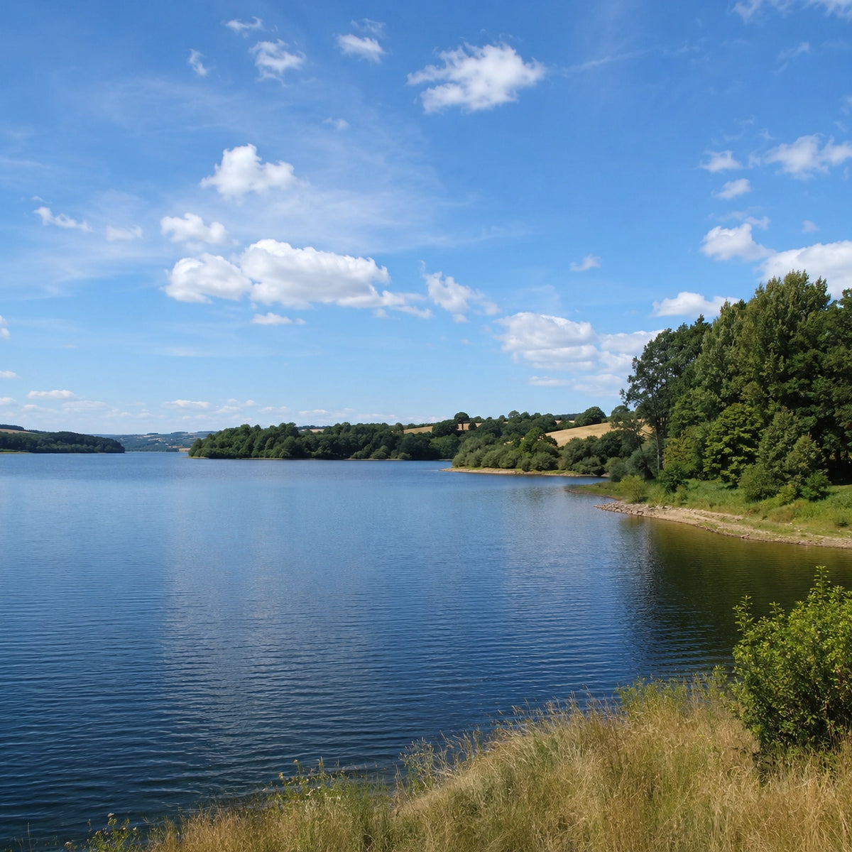 Lac de barrage aveyronnais encaissé dans le relief du Massif central