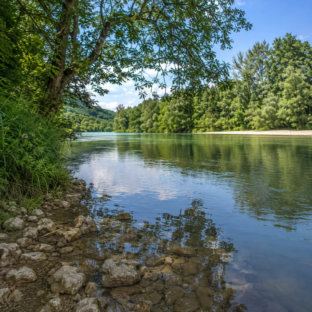 Lac aux eaux claires entouré de reliefs boisés dans le Bugey