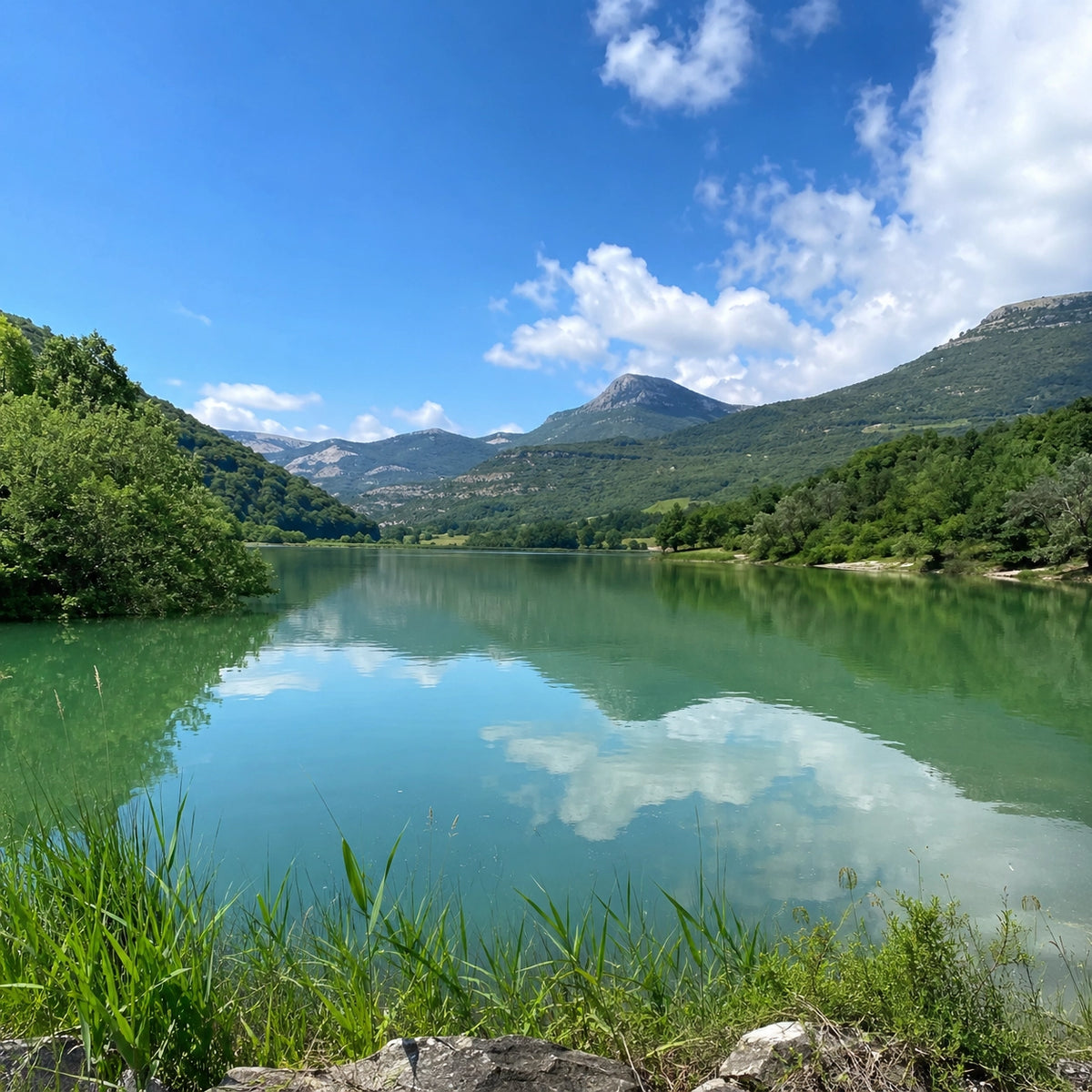 Retenue aux eaux turquoise entourée de reliefs calcaires dans le sud de la Drôme