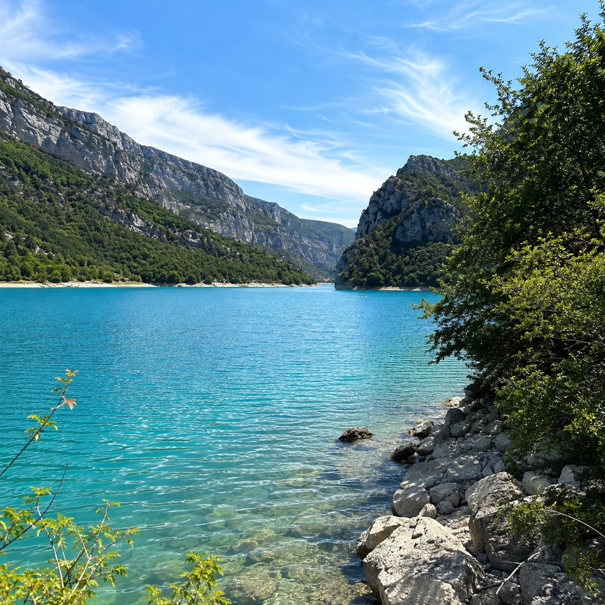 Grand lac du Verdon aux eaux turquoise bordé de falaises calcaires