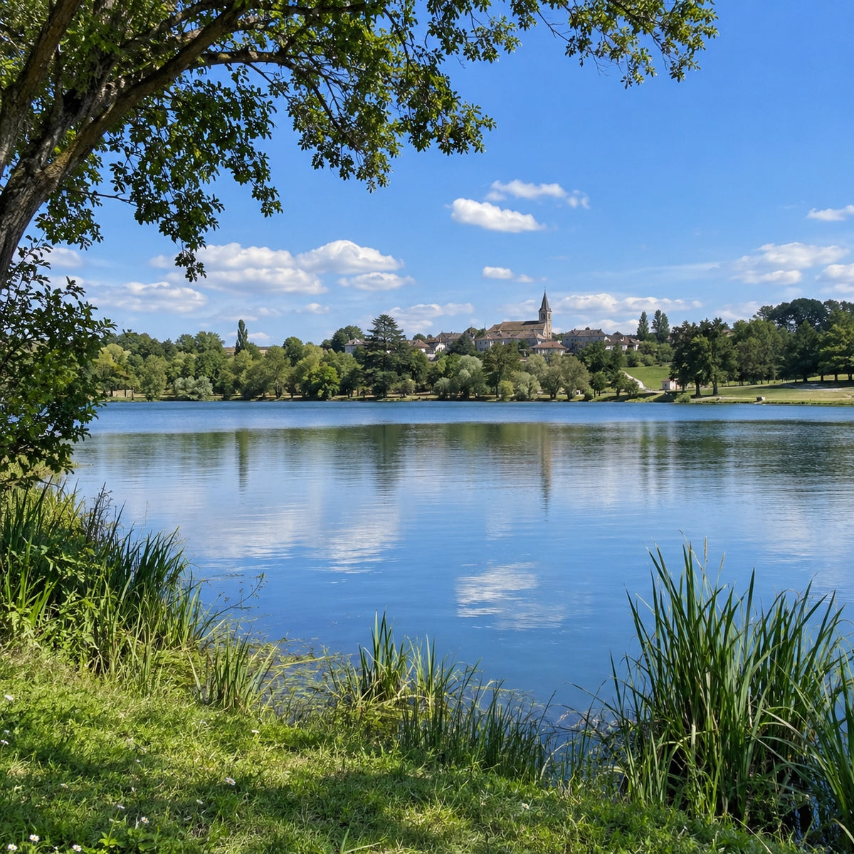 Lac gersois au pied d'un village, berges enherbées et roselières