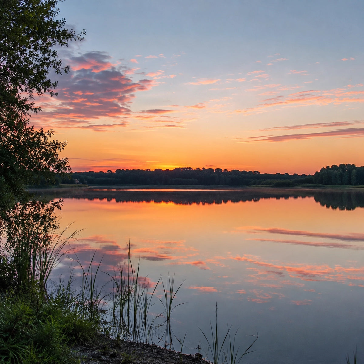 Coucher de soleil sur le lac du Temple dans l'Aube, réserve naturelle appréciée des carpistes