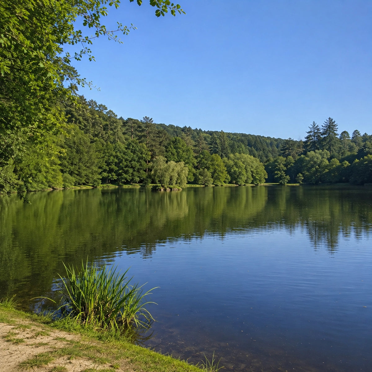 Lac forestier au calme, berge herbeuse et eau claire