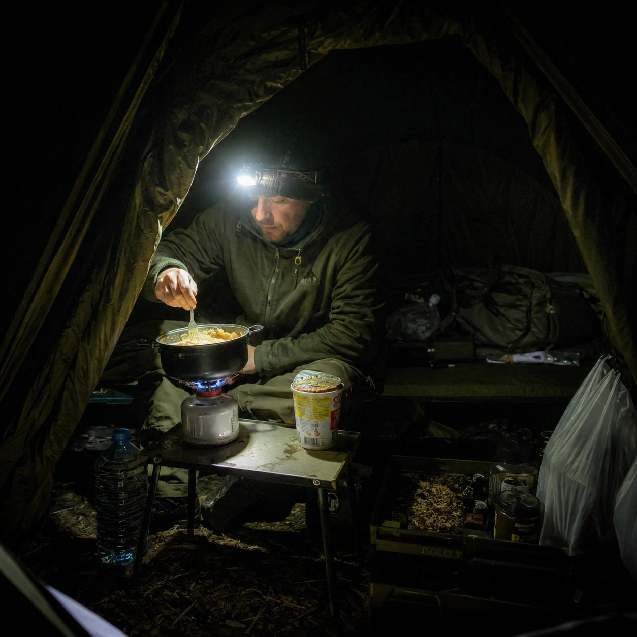 Repas au bivvy éclairé à la frontale pendant une longue session de nuit