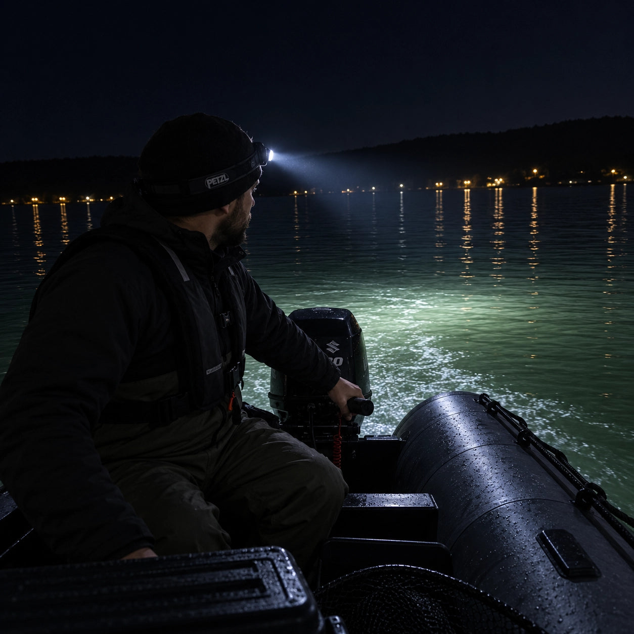 Lampe frontale Nash Powerbanx Mega Lite portée de nuit à bord d'un Zodiac