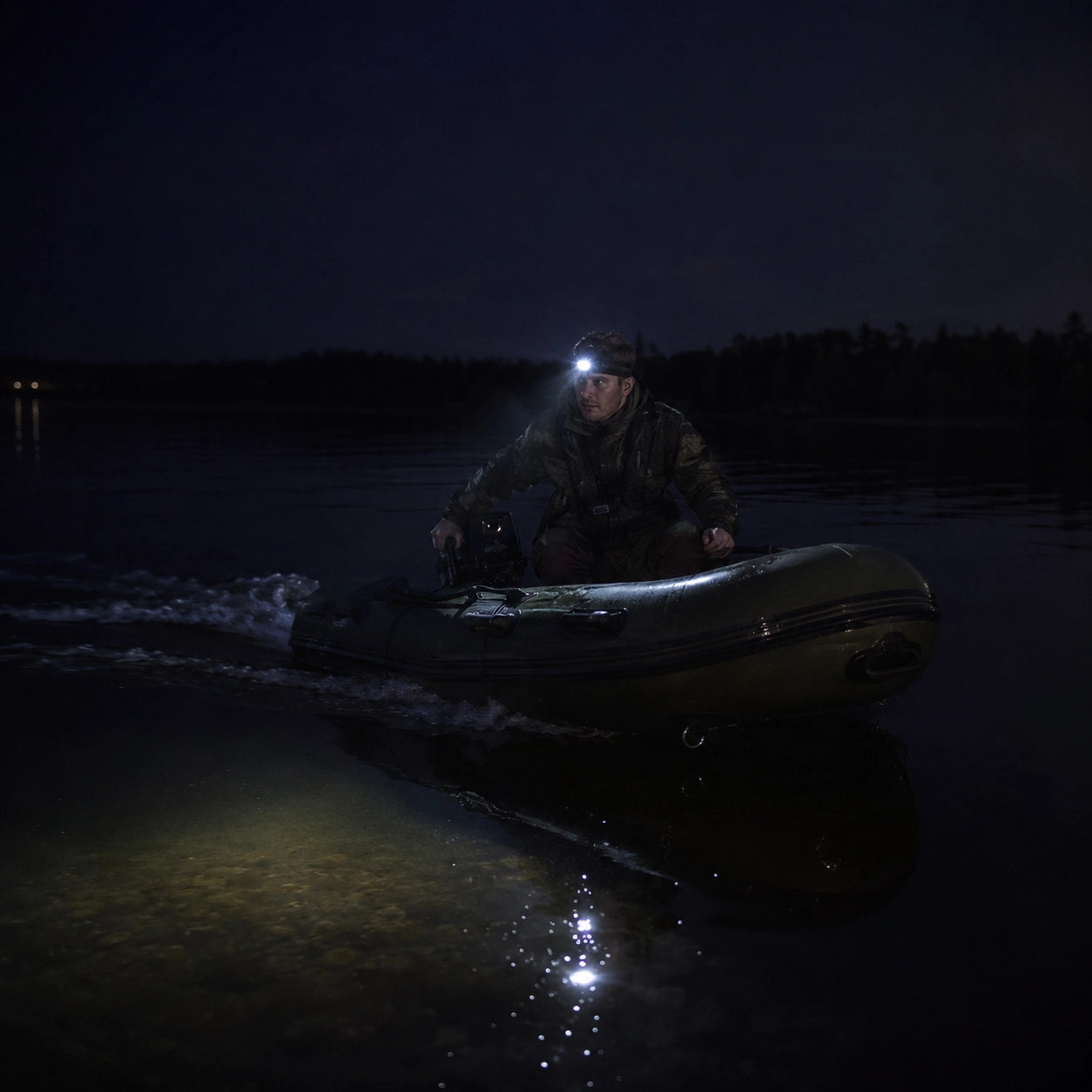 Déplacement en Zodiac de nuit, faisceau de lampe frontale orienté vers l'eau