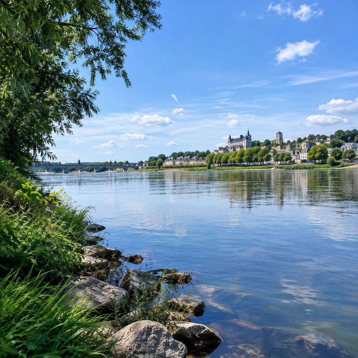 Berge caillouteuse de la Loire face à un village de Touraine, axe majeur du réseau carpe départemental