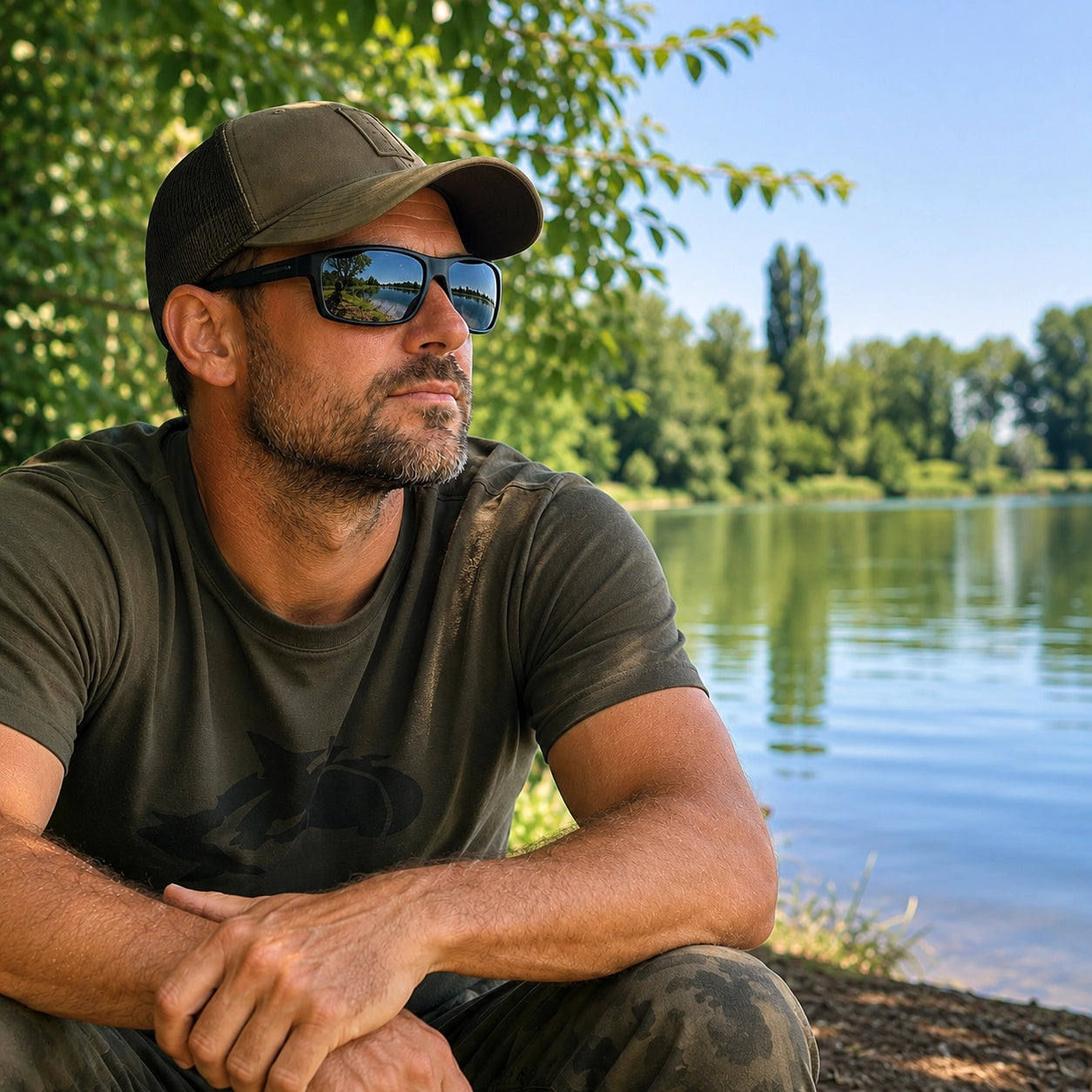 Carpiste détendu au bord de l'eau avec des lunettes polarisantes à verres miroir
