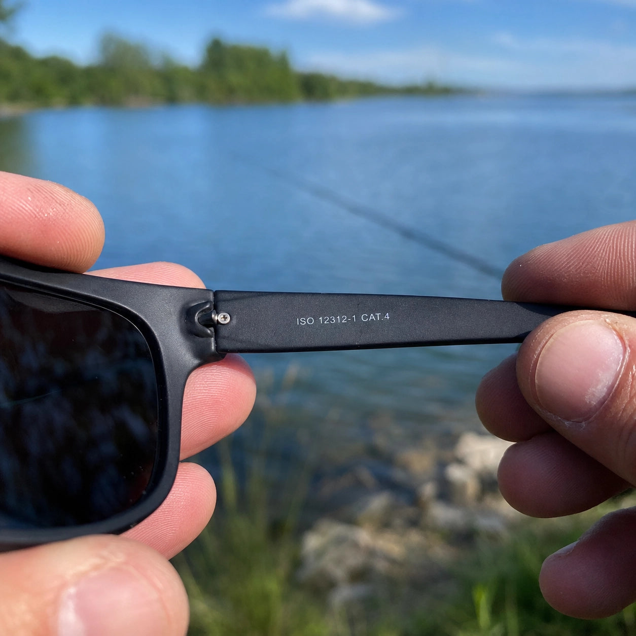 Marquage ISO 12312-1 et catégorie de protection gravés sur la branche des lunettes