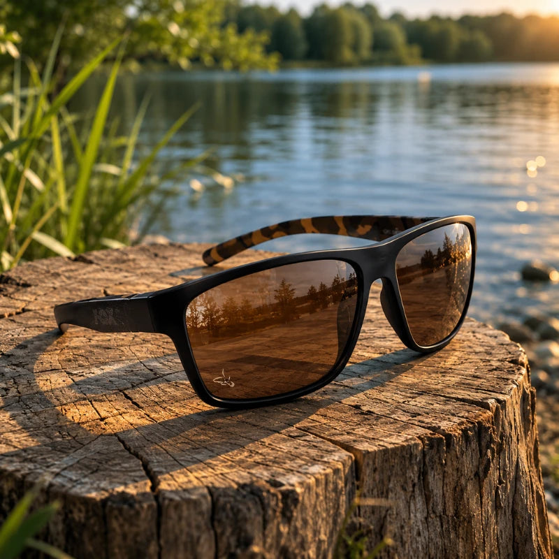 Lunettes polarisantes posées sur une souche au bord de l'eau, équipement pour repérer les carpes koïs en pêche à vue
