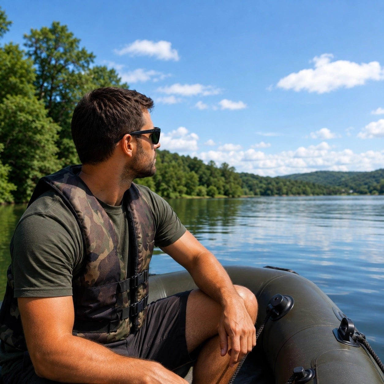 Pêcheur en gilet de sauvetage scrutant l'eau avec ses lunettes polarisantes depuis un bateau gonflable