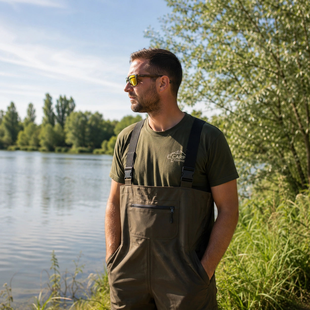 Verres jaunes de lunettes polarisantes portées au bord d'un lac en été