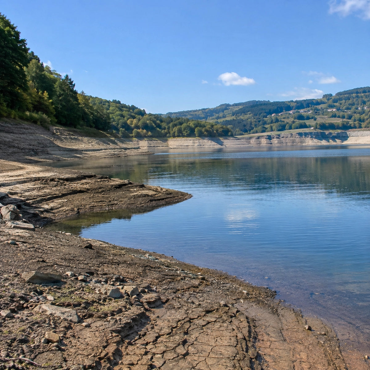 Berge découverte par le marnage sur un lac EDF de l'Aveyron