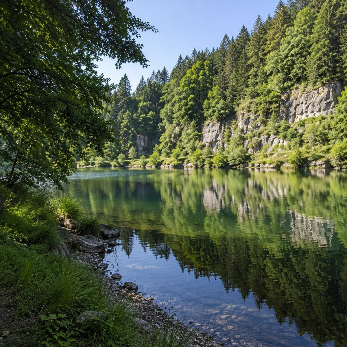 Berge caillouteuse au pied d'une falaise boisée, eau calme