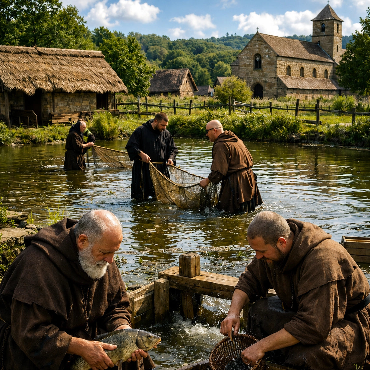 Moines du Moyen Âge pêchant la carpe dans un étang monastique, période clé de la sélection des variétés miroir et cuir