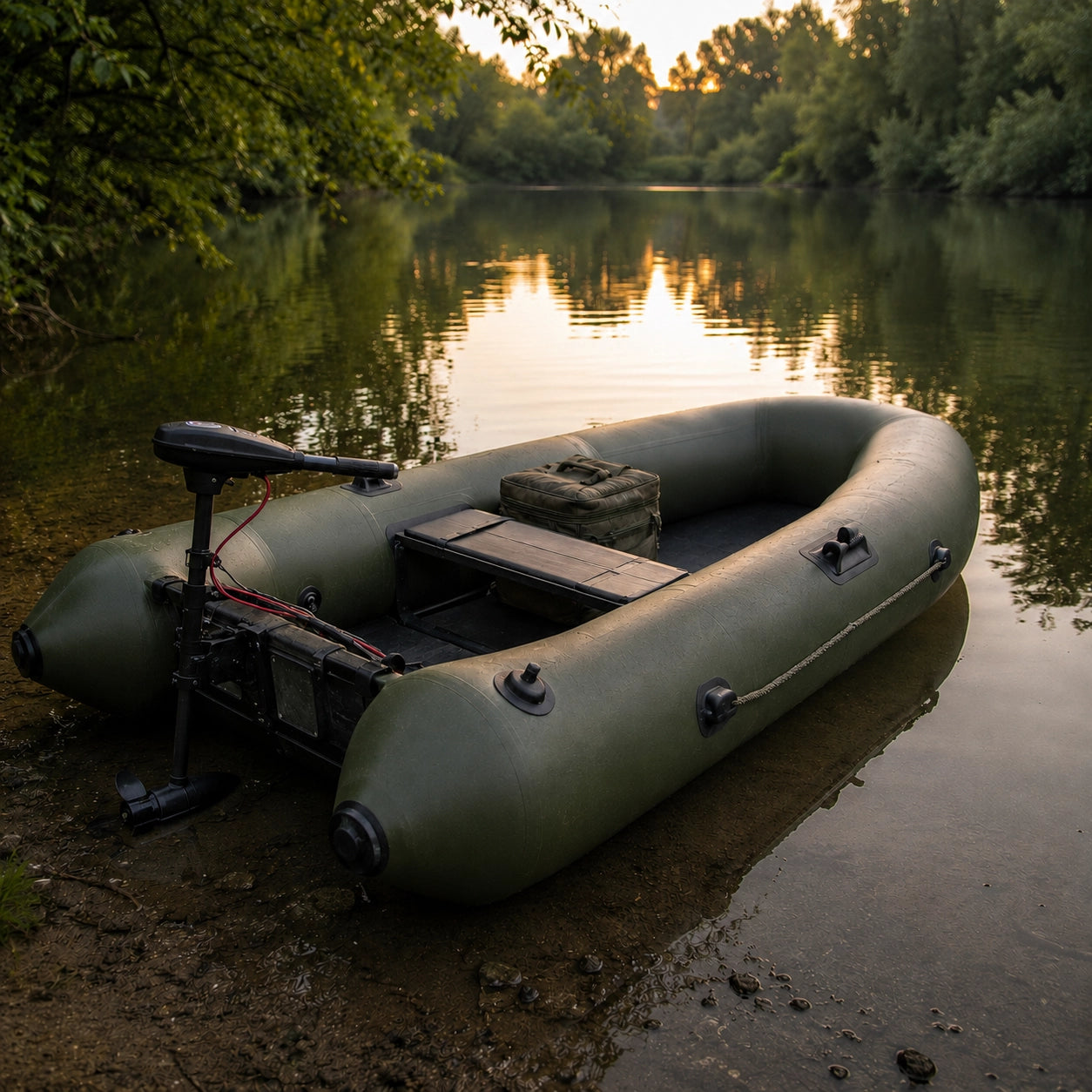 Bateau carpe et moteur électrique au repos sur la berge au coucher du soleil