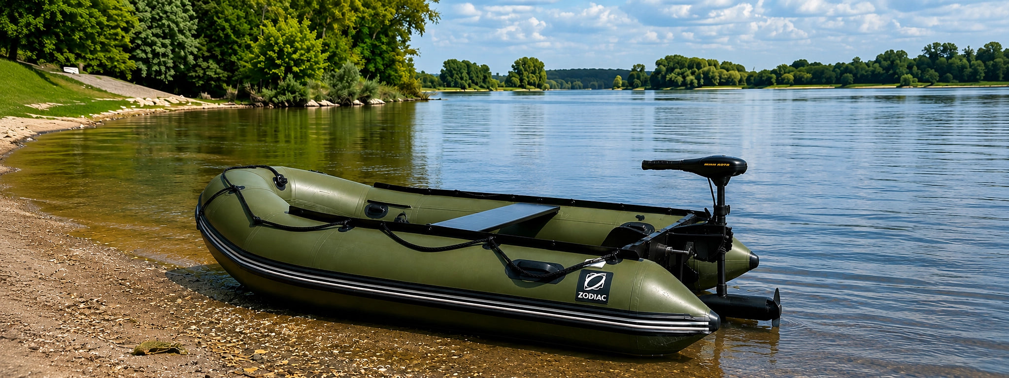 Bateau pneumatique équipé d'un moteur électrique arrière échoué sur une berge de rivière