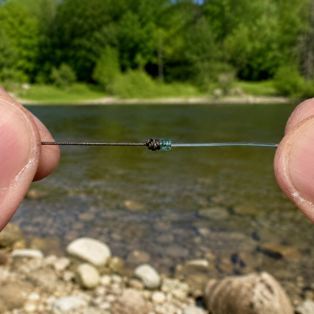 Nœud grinner reliant deux fils, tenu au-dessus de l'eau