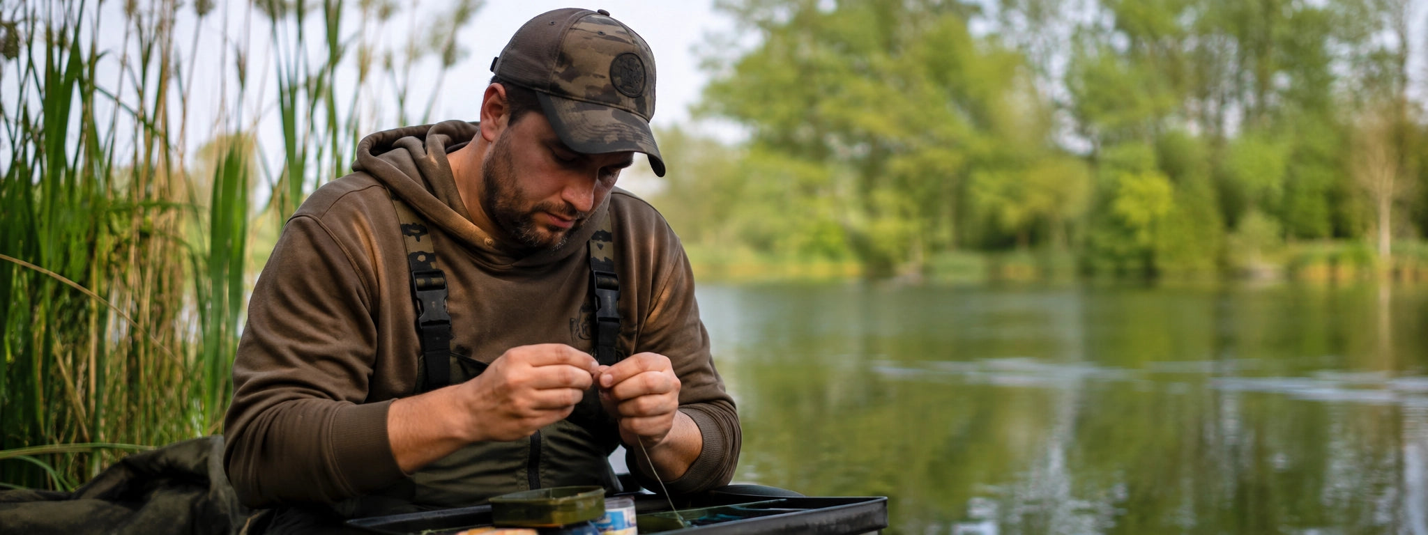 Carpiste réalisant un nœud de pêche sur son montage au bord de l'eau