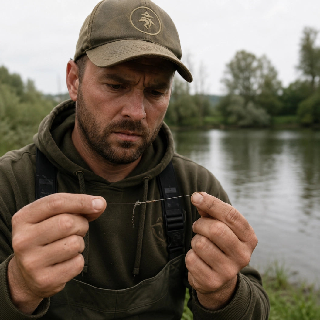 Pêcheur tendant un fil de pêche pour vérifier la résistance de son nœud