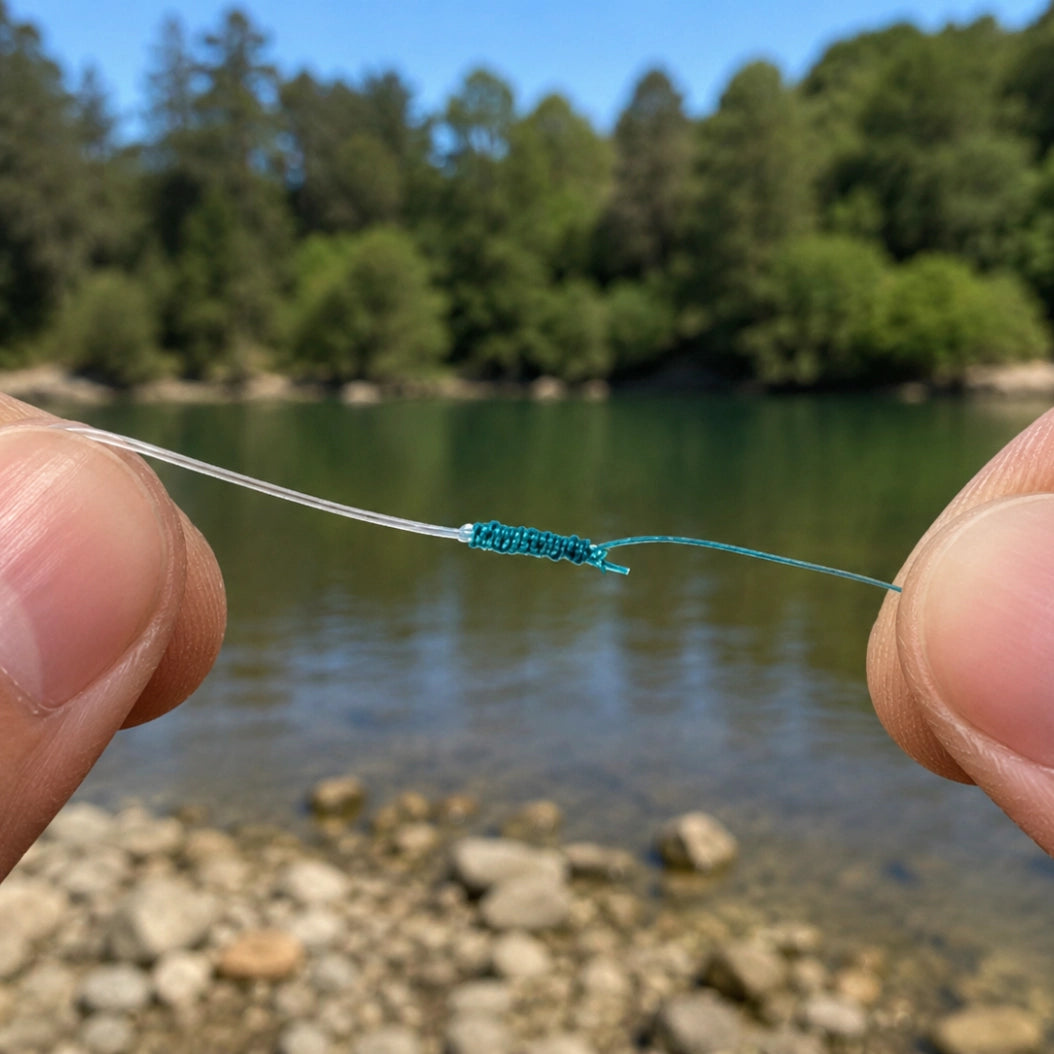 Raccord entre tresse et fluorocarbone noué pour un bas de ligne carpe