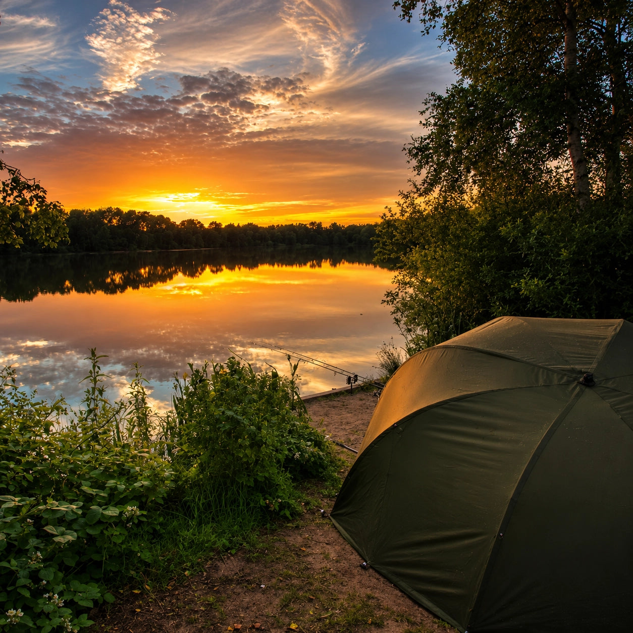 Bivouac monté au coucher du soleil au bord d'un plan d'eau, moment idéal pour observer l'activité alimentaire des carpes