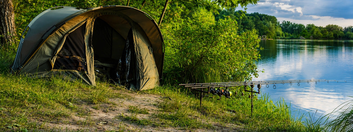 Bivvy et cannes à carpe posées au bord d'un plan d'eau, session type du carpiste en France