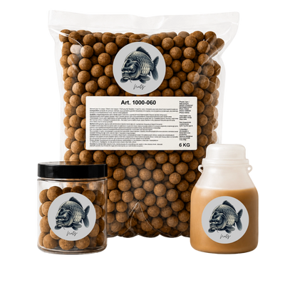 Pack d'appâts pour la pêche à la carpe Premium Nutz+ : bouillettes à la noix tigrée, pot et bidon de booster