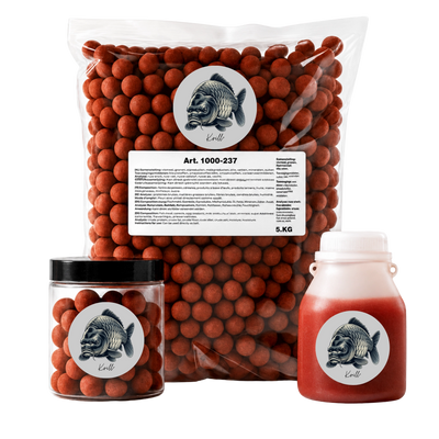 Pack Premium Krill+, le meilleur appât carpe : bouillettes à la farine de krill, pot et bidon d'attractant