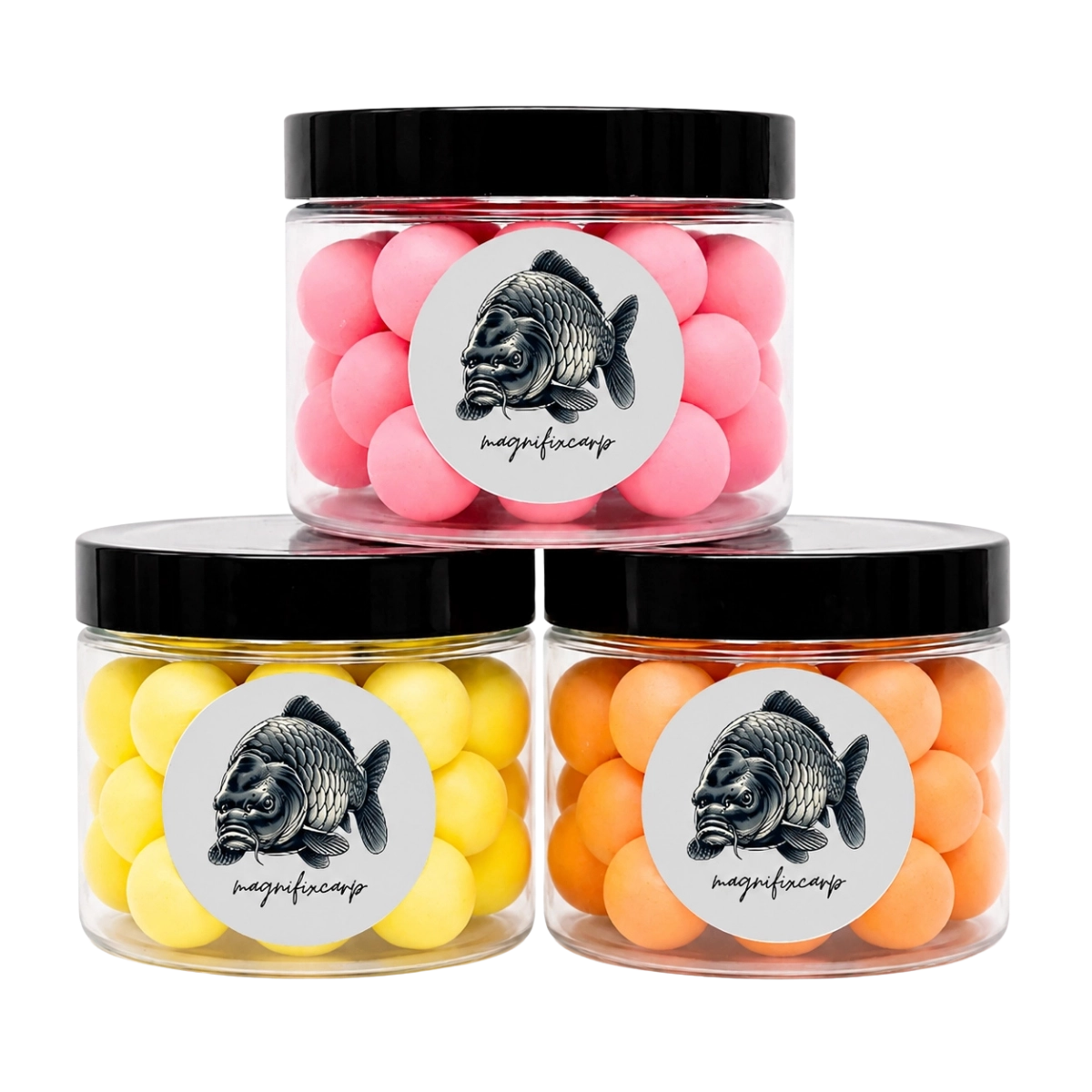 Pack Pop-ups Wash-Out Magnifixcarp : trois pots de bouillettes flottantes délavées thon, pêche et ananas pour la carpe
