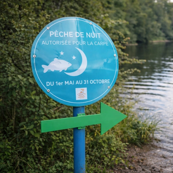 Panneau signalant un parcours de pêche de nuit autorisée pour la carpe