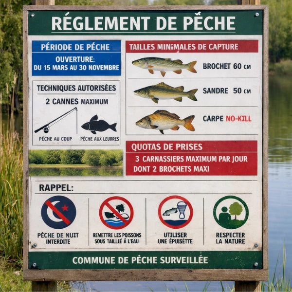 Panneau officiel de réglementation de pêche avec tailles minimales et quotas